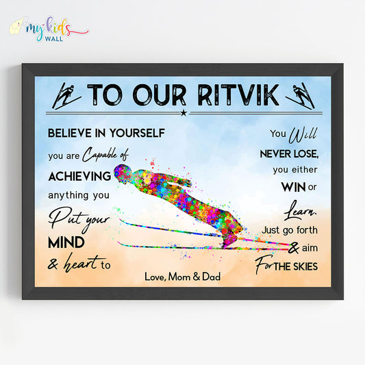 Ski Jumper Boy Personalized Motivational Wall Art (Framed) New