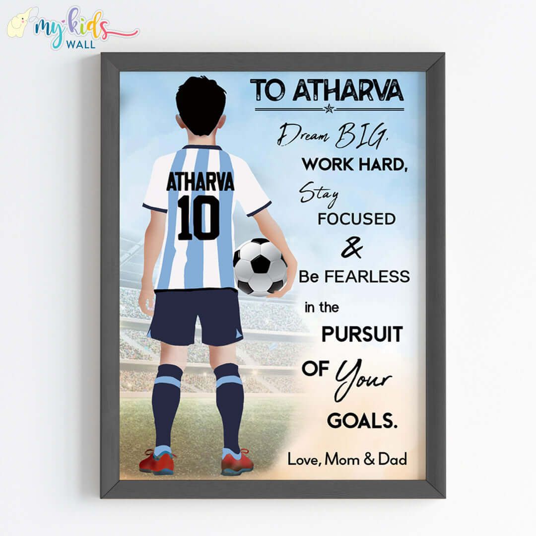 Motivational football player boy Argentina wall art black frame