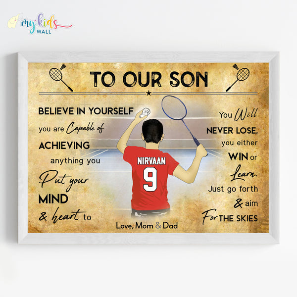 Load image into Gallery viewer, &#39;Badminton Player&#39; Boy Personalized Motivational Wall Art (Framed)

