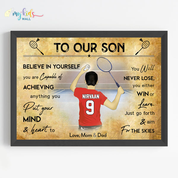 Load image into Gallery viewer, &#39;Badminton Player&#39; Boy Personalized Motivational Wall Art (Framed)

