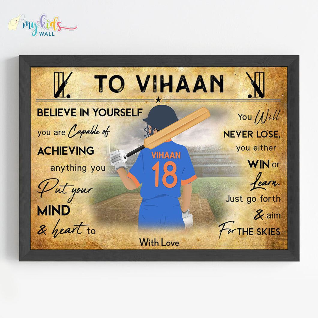 'Cricket Batsman' Personalized Motivational Wall Art (Framed)