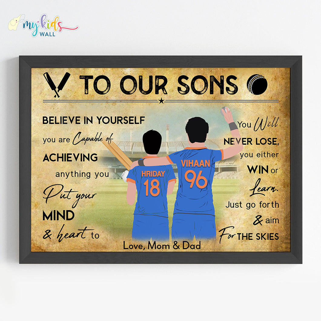 'Cricket Batsman & Bowler Brothers' Personalized Motivational Wall Art (Framed) New