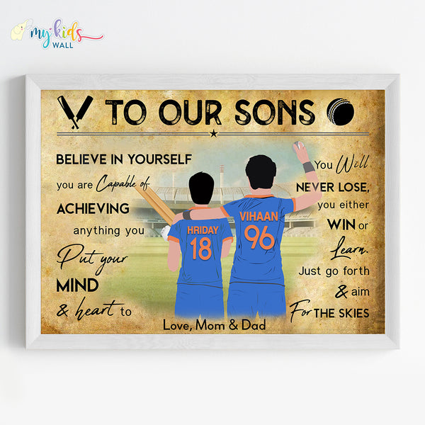 Load image into Gallery viewer, &#39;Cricket Batsman &amp; Bowler Brothers&#39; Personalized Motivational Wall Art (Framed) New
