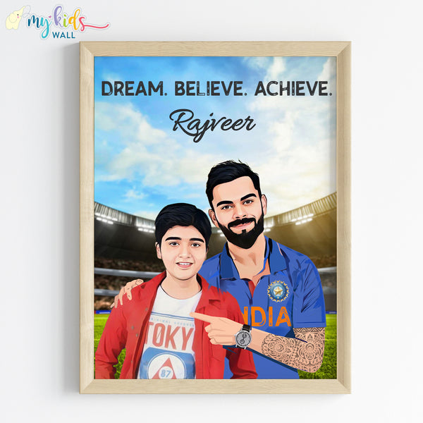 Load image into Gallery viewer, &#39;Cricket Champ with Virat Kohli&#39; Personalized Portrait (Framed)
