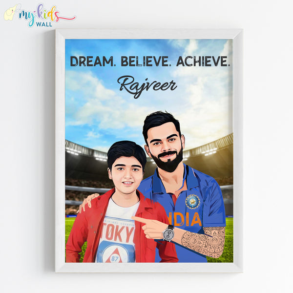 Load image into Gallery viewer, &#39;Cricket Champ with Virat Kohli&#39; Personalized Portrait (Framed)

