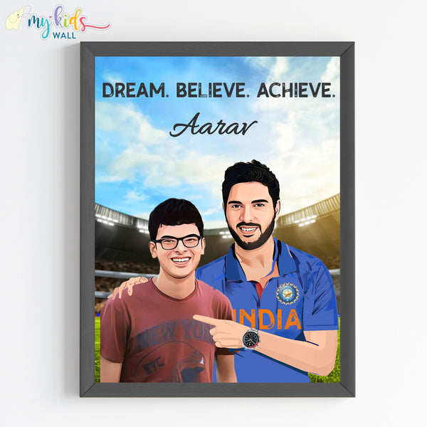 Load image into Gallery viewer, &#39;Cricket Champ with Yuvraj Singh&#39; Personalized Portrait (Framed)
