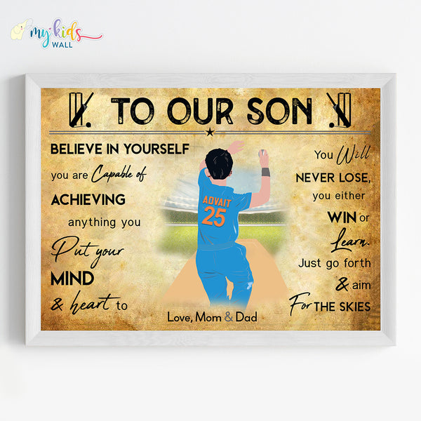 Load image into Gallery viewer, &#39;Cricket Player&#39; Right Arm Bowler Personalized Motivational Wall Art (Framed)
