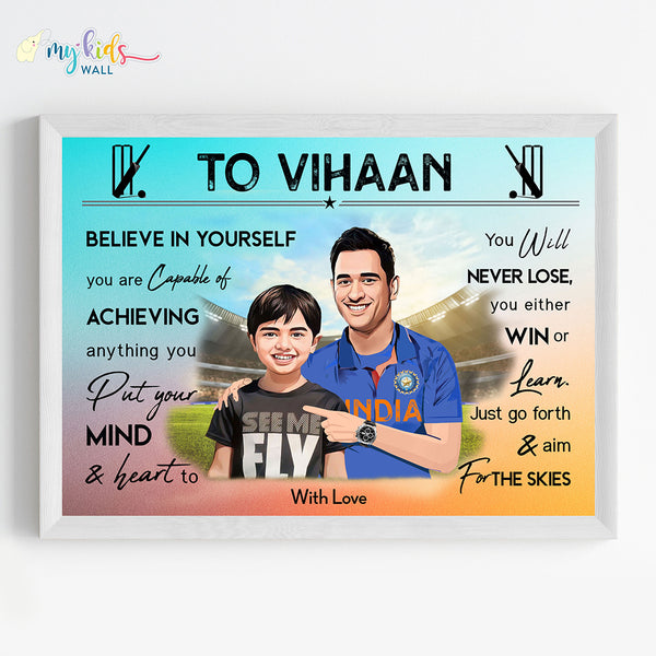 Load image into Gallery viewer, &#39;Cricket Champ with M.S.Dhoni&#39; Personalized Motivational Portrait (Framed)
