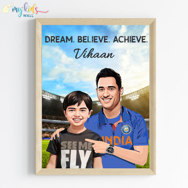 Load image into Gallery viewer, &#39;Cricket Champ with M.S.Dhoni&#39; Personalized Portrait (Framed)
