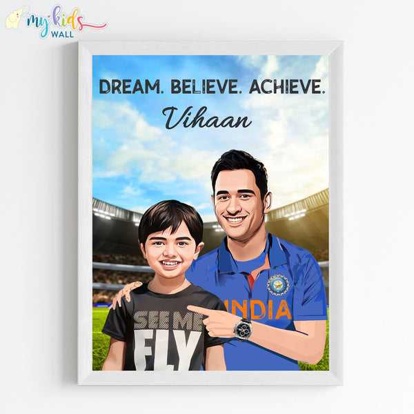 Load image into Gallery viewer, &#39;Cricket Champ with M.S.Dhoni&#39; Personalized Portrait (Framed)
