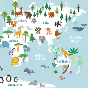 Educational Animal World Map Blue (Framed)