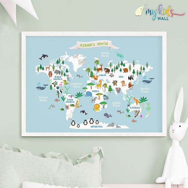 Load image into Gallery viewer, Educational Animal World Map Blue (Framed)
