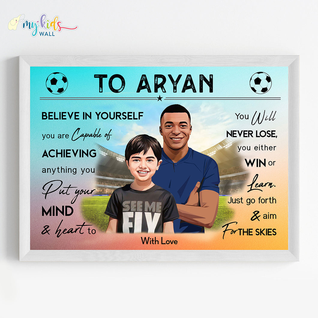 'Football Champ with Mbappe' Personalized Motivational Portrait (Framed)