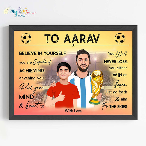 Load image into Gallery viewer, &#39;Football Champ with Messi&#39; Personalized Motivational Portrait (Framed)
