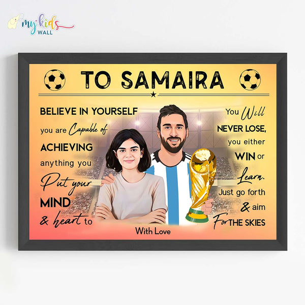 Load image into Gallery viewer, &#39;Football Champ with Messi&#39; Personalized Motivational Portrait (Framed)

