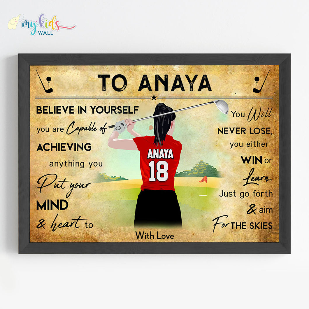 'Golf Player' Girl Personalized Motivational Wall Art (Framed)