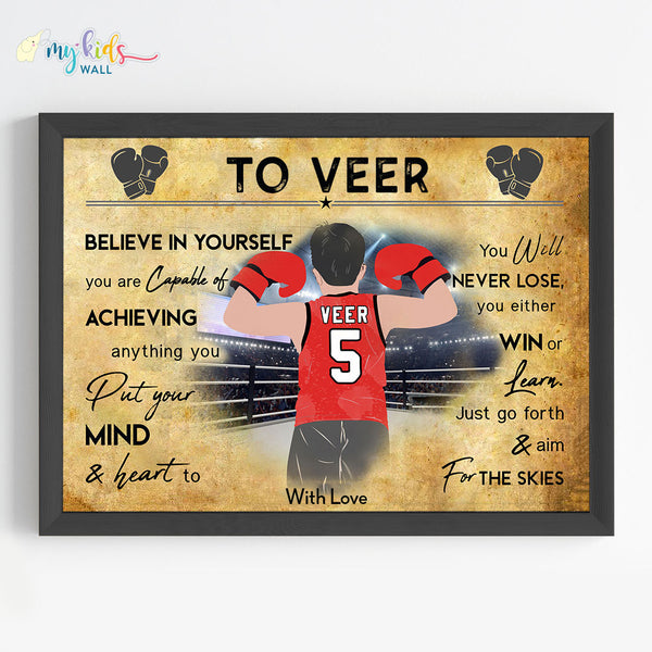 Load image into Gallery viewer, &#39;Kick Boxing Player&#39; Boy Personalized Motivational Wall Art (Framed)

