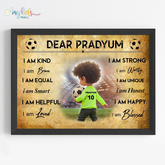 Little Footballer Personalized Motivational Wall Art black frame