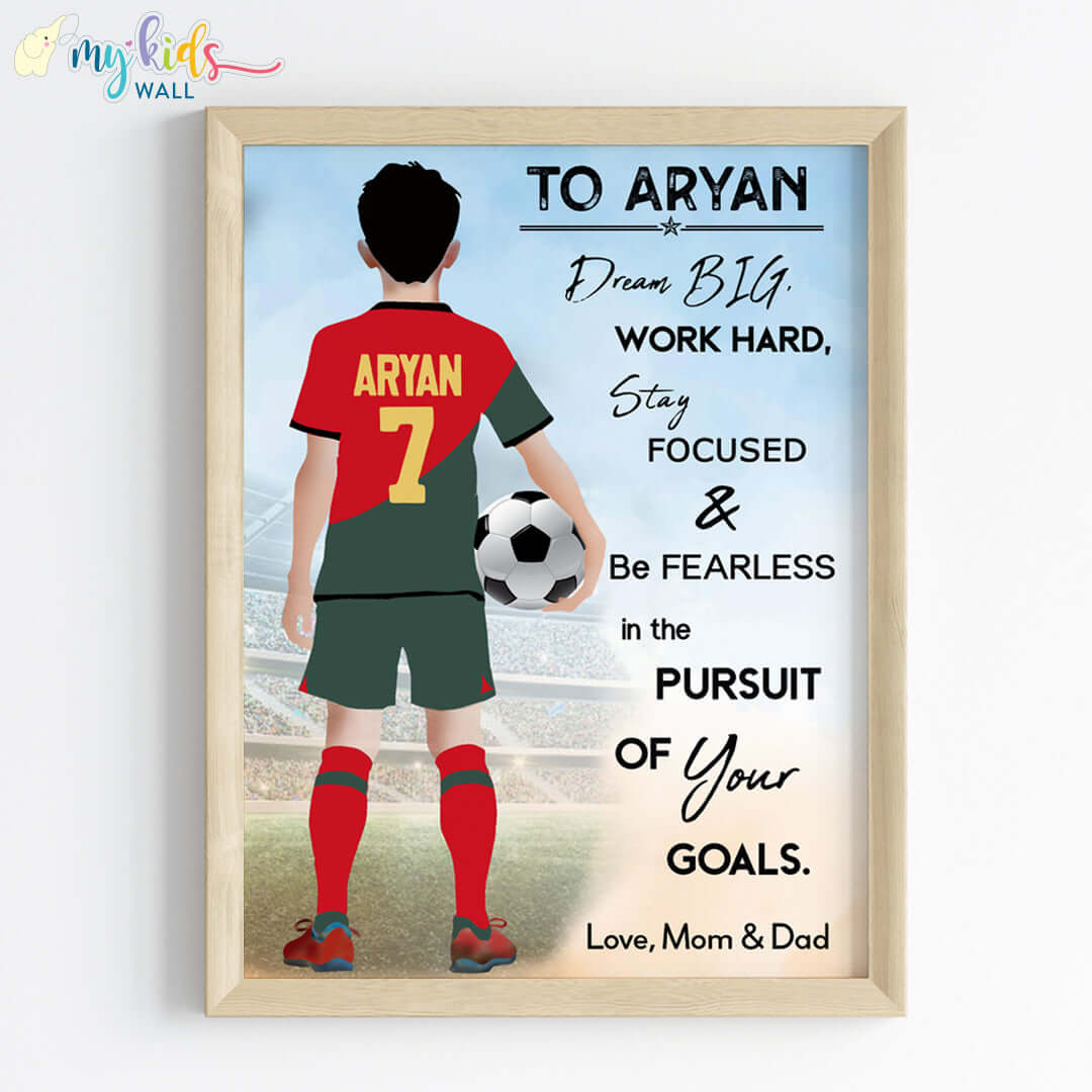 Motivational football player boy Portugal wall art wooden frame