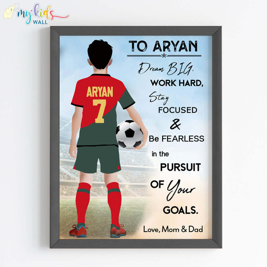 Motivational football player boy Portugal wall art black frame