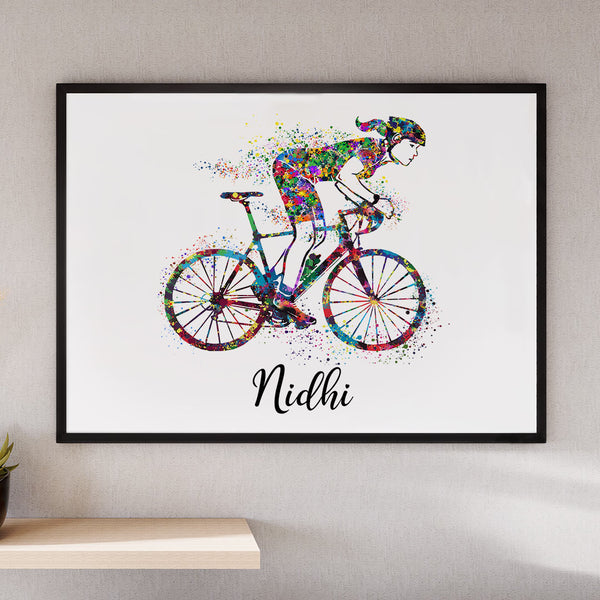 Load image into Gallery viewer, &#39;Racing Cyclist&#39; Girl Personalized Wall Art (Framed)
