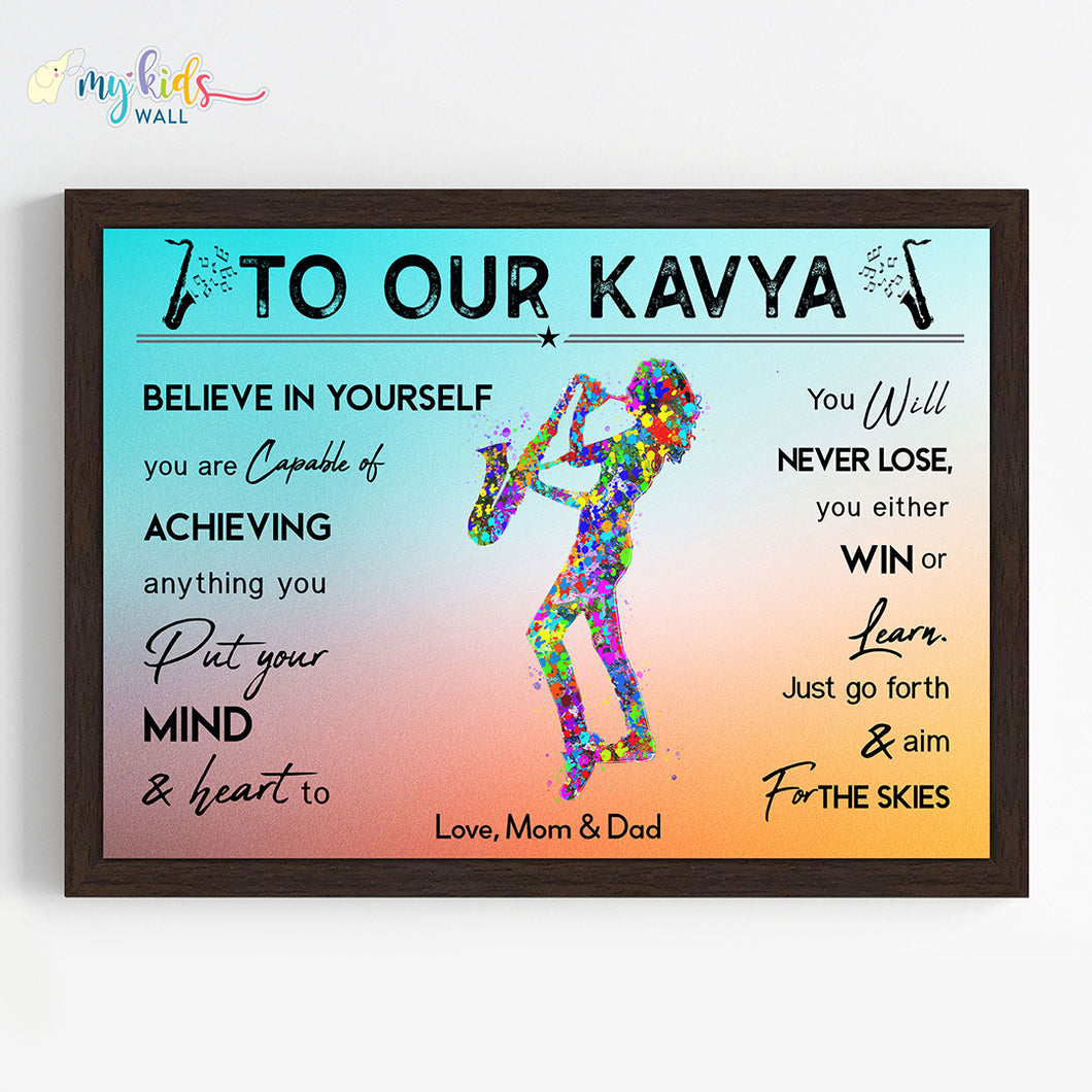 'Saxophone Player' Girl Personalised Motivational  Wall Art (Framed) New