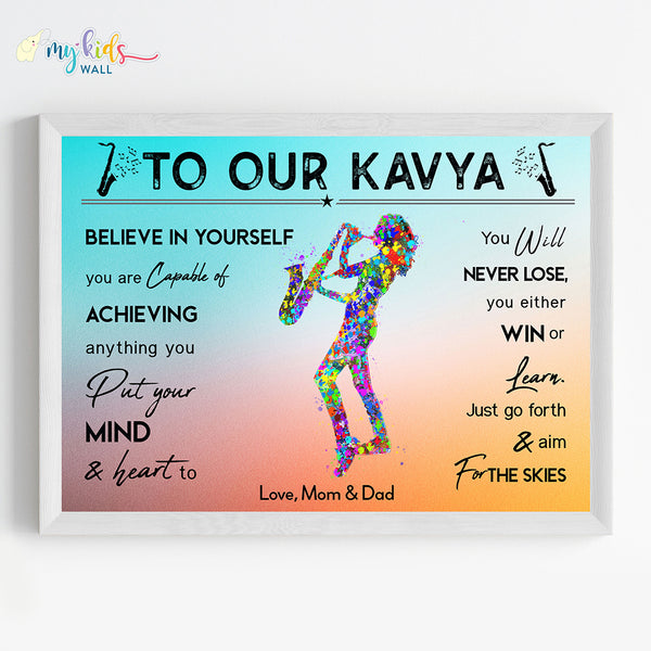 Load image into Gallery viewer, &#39;Saxophone Player&#39; Girl Personalised Motivational  Wall Art (Framed) New
