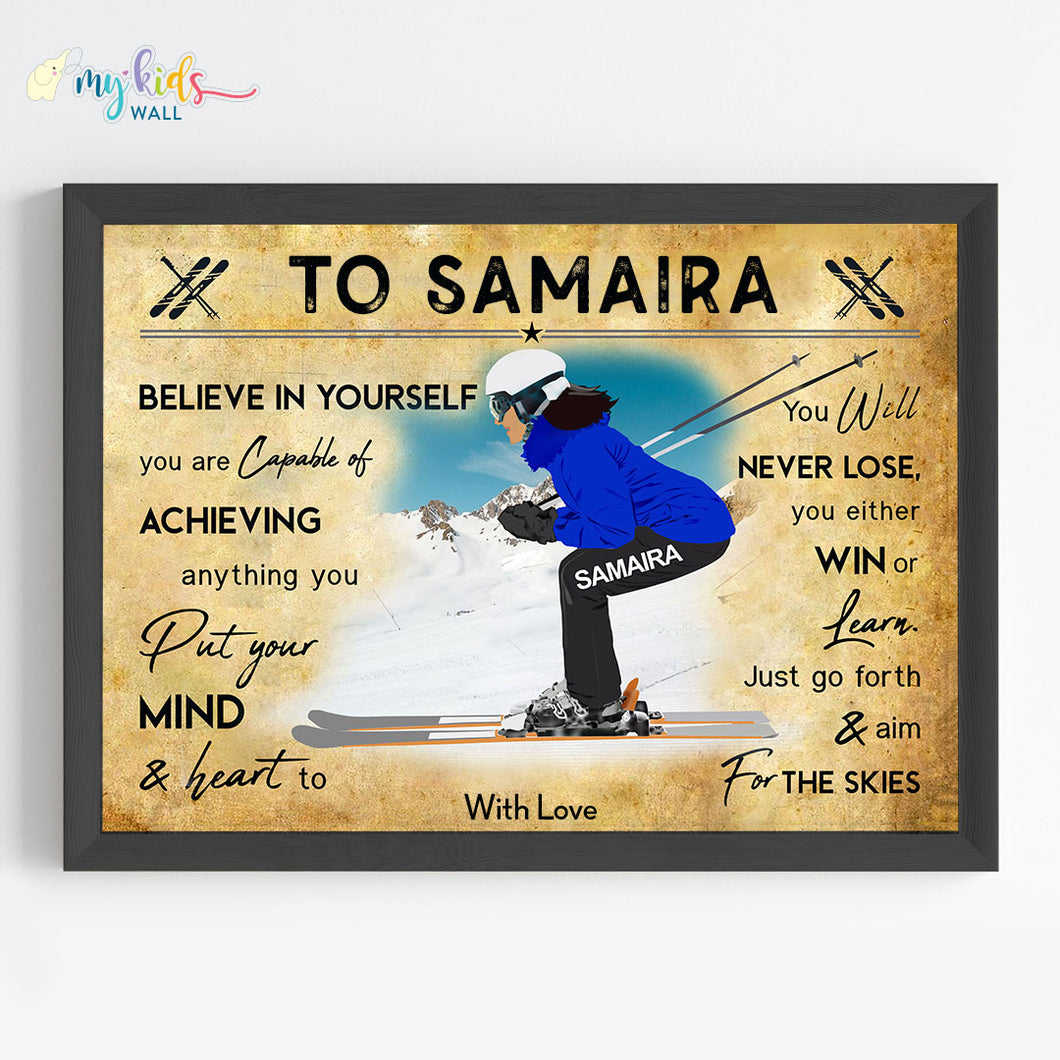 'Skiing Player' Girl Personalised Motivational Wall Art (Framed)