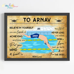 'Swimmer Boy' Personalized Motivational Wall Art (Framed)