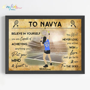 'Lawn Tennis Player' Girl Personalized Motivational Wall Art (Framed) New