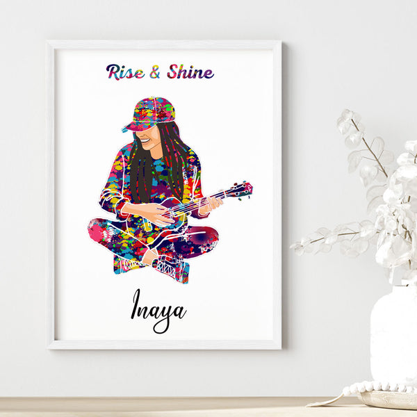 Load image into Gallery viewer, &#39;Ukulele Player Girl&#39; Personalized Wall Art (Framed)

