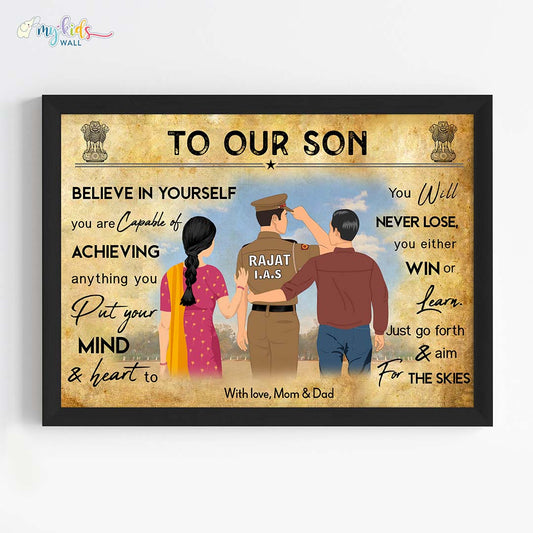 aspiring IAS officer boy with parents personalized motivational wall art black framed