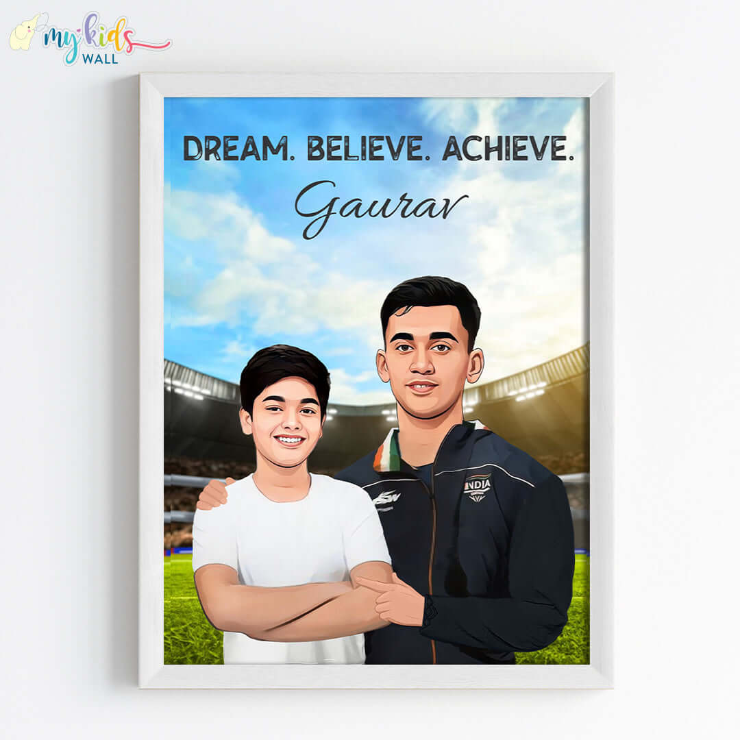 Inspirational white wall frame of Lakshya Sen with a child