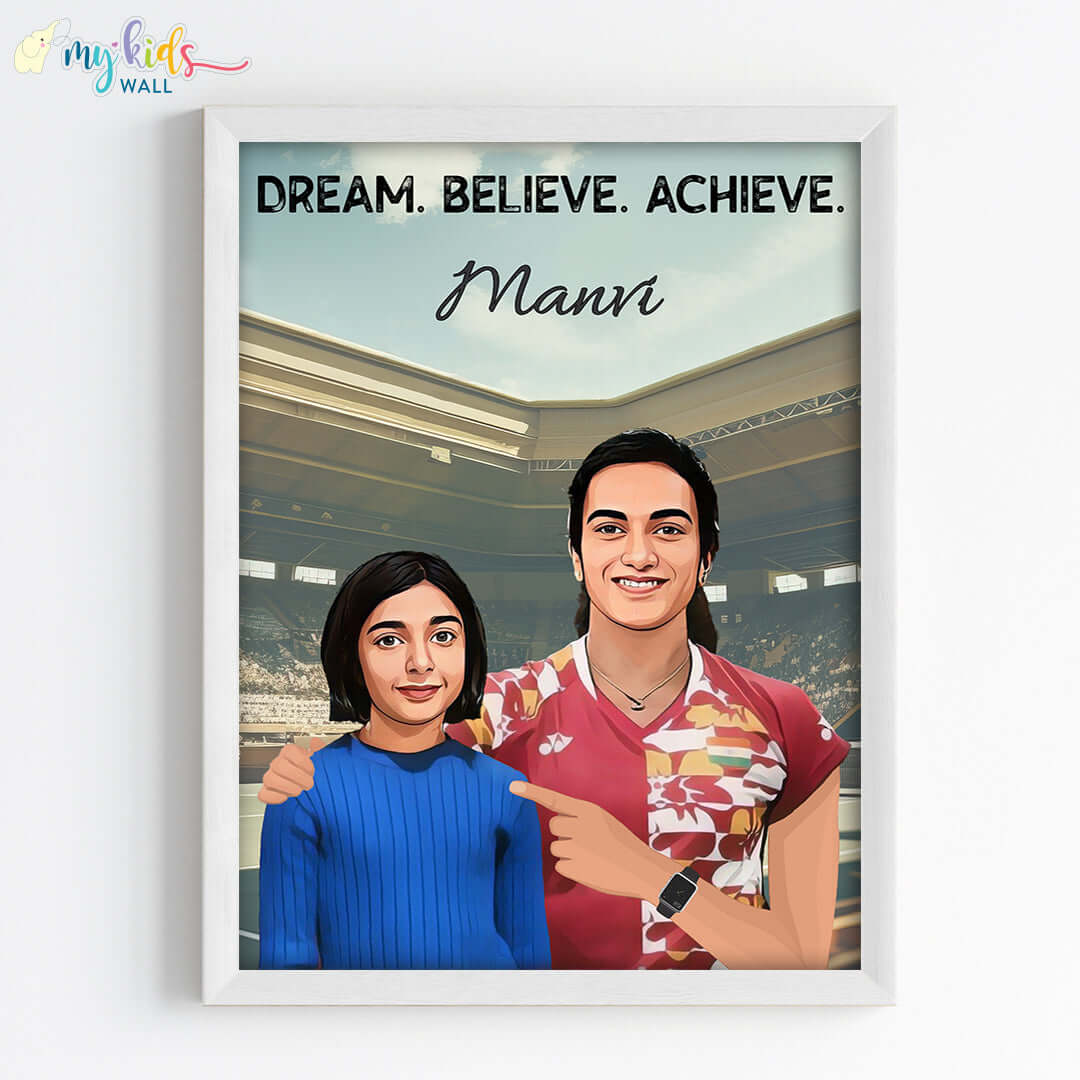 Inspirational white wall frame of PV Sindhu with a child