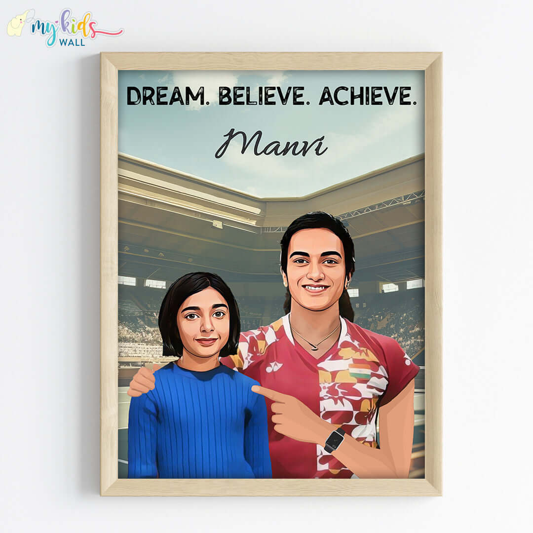 Inspirational wooden wall frame of PV Sindhu with a child