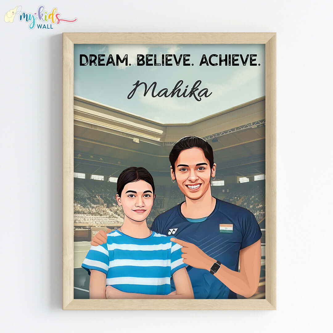 Inspirational wooden wall frame of Saina Nehwal with a child
