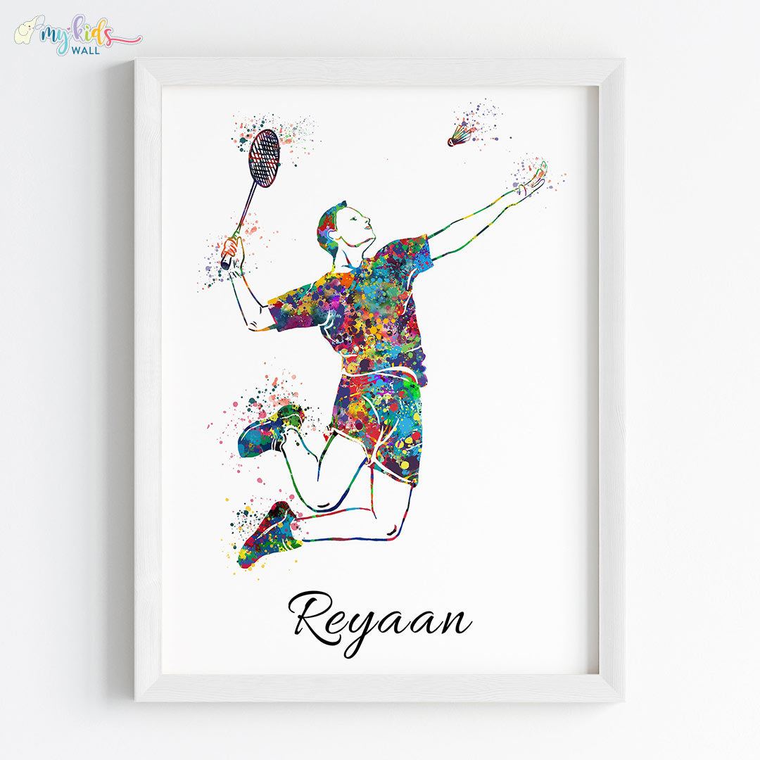 inspirational wall art of Badminton Player boy white frame