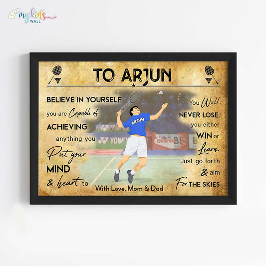 Badminton Player Smasher Boy Personalized Motivational Wall Art Black