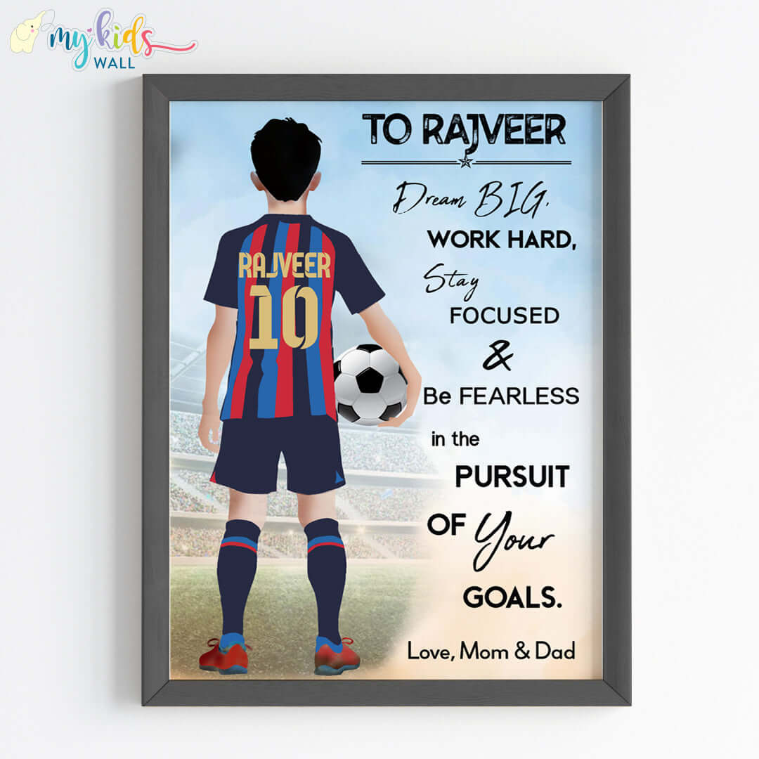 Motivational football player boy Barcelona wall art black frame