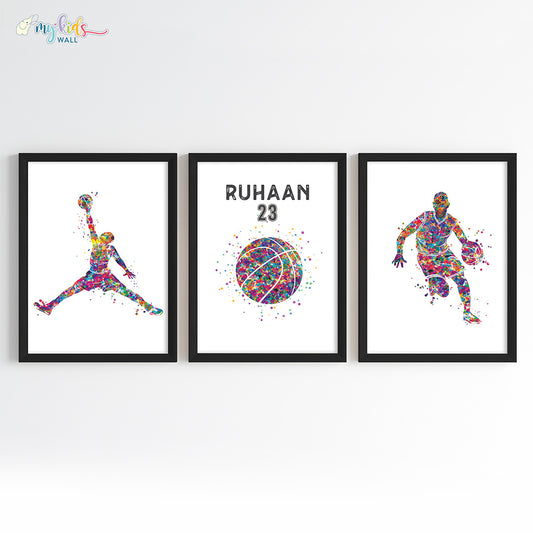 Basketball Player Boy Personalised Wall Art Framed Set of 3 Black