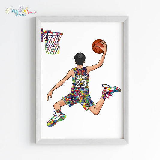 Basketball Player Dunk Watercolor Personalized Wall Art Framed White