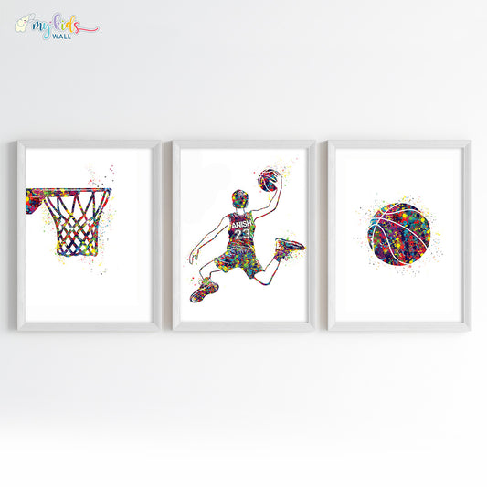 Basketball Player Personalised Wall Art Framed Set of 3 White