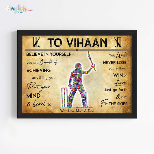 Best Cricket Batsman Personalized Motivational Wall Art black frame