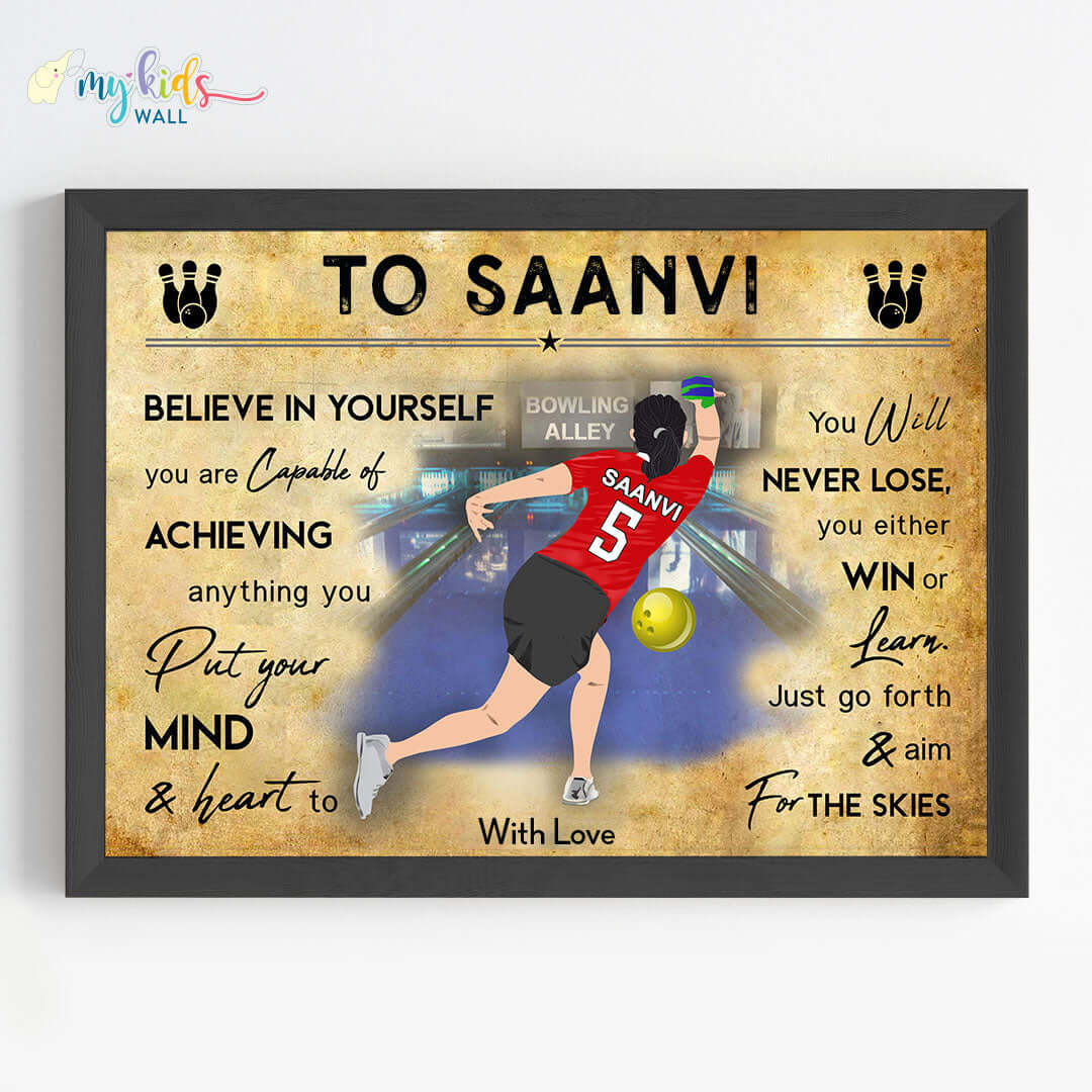 Motivational wall art of bowling player girl black wall frame