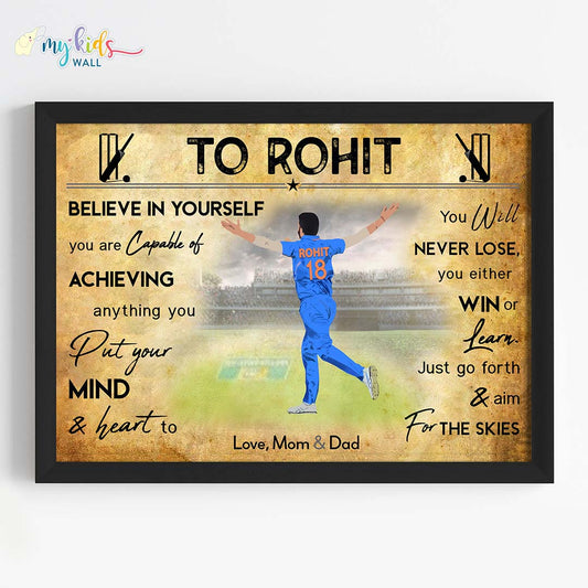motivational cricket bowler wall art black frame