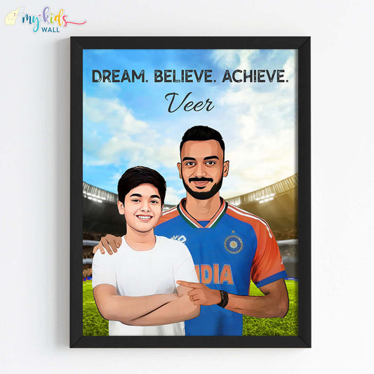 Inspirational black wall frame of Axar Patel with a child
