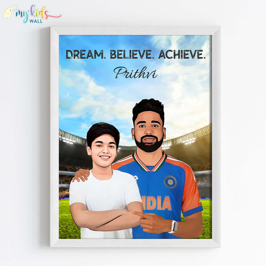 Inspirational white wall frame of Mohammed Siraj with a child