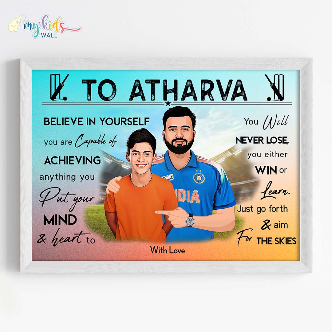 Motivational portrait with Rohit Sharma white frame