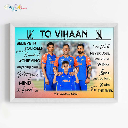 Cricket Champ with Virat, Dhoni and Shubman Personalized Motivational Portrait Framed White