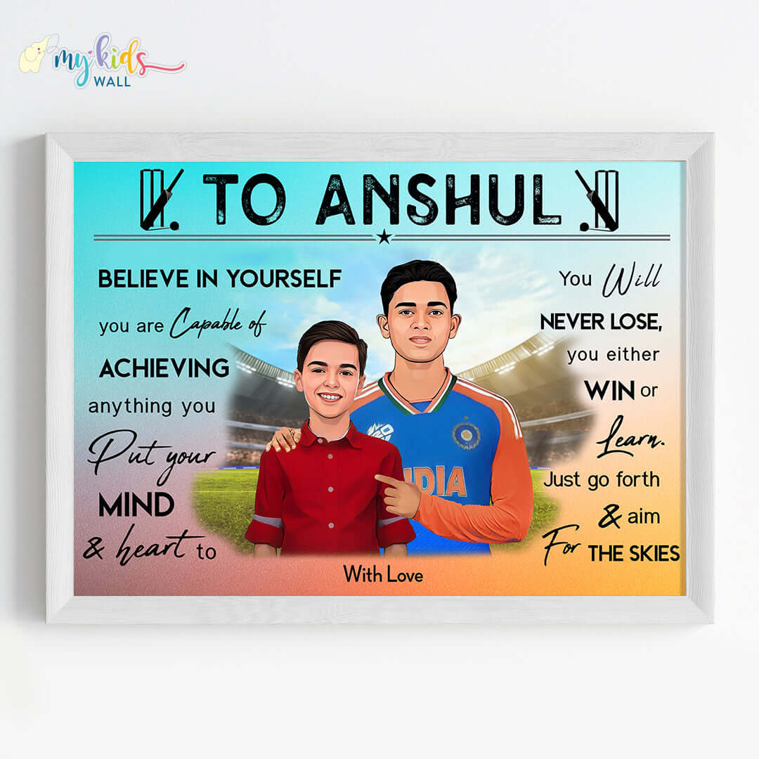 Motivational white wall frame of Yashasvi Jaiswal with a child